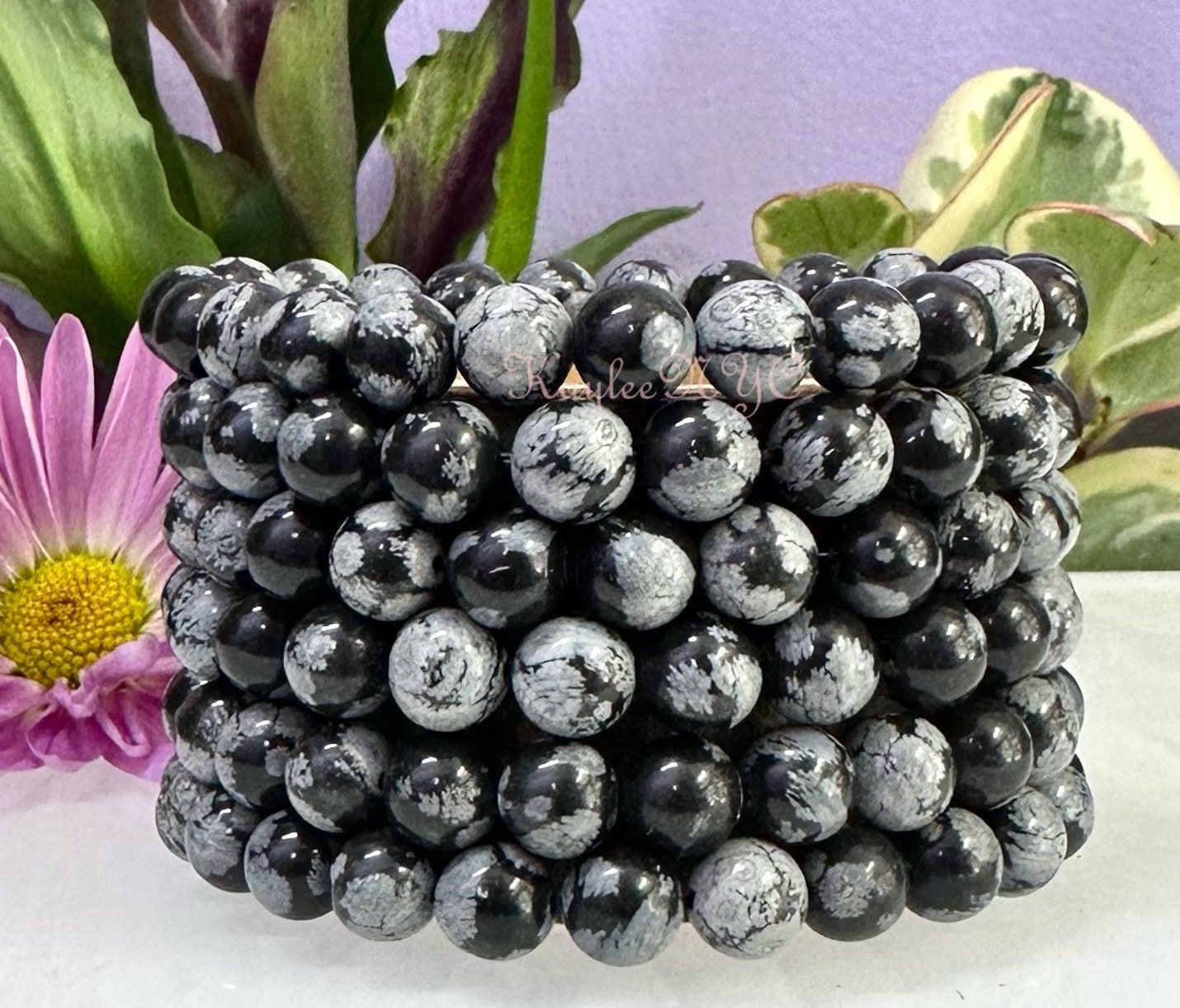 Wholesale Lot 6 Pcs Snowflake Obsidian 8mm 7.5” Crystal Healing Stretch Bracelet