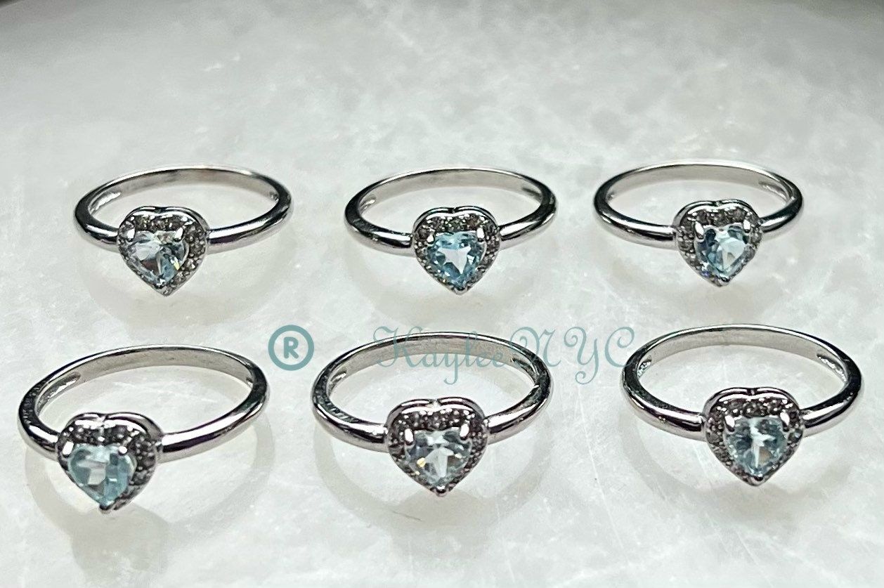 Wholesale Lot 6 pcs Natural Aquamarine Heart Ring White Bronze