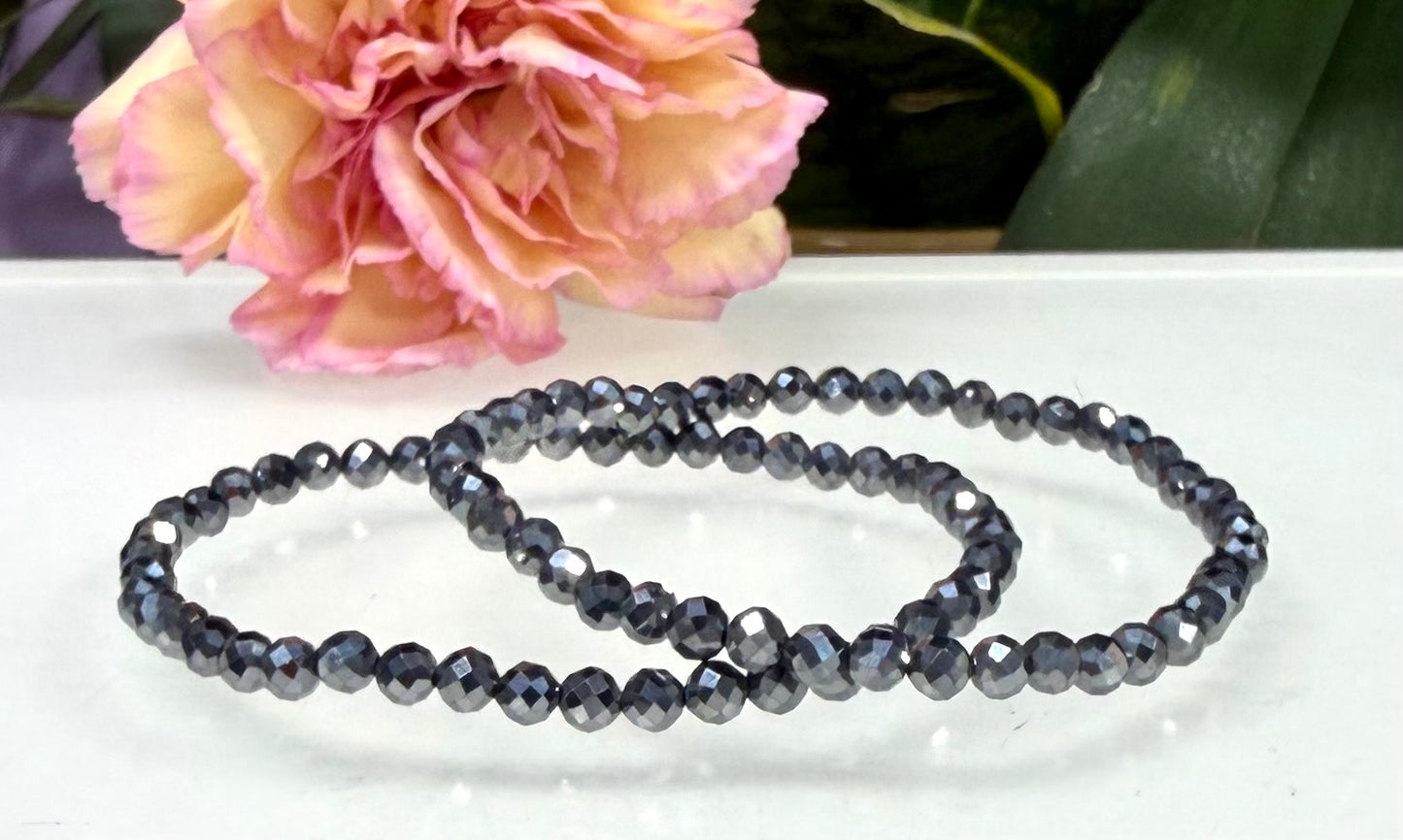6 PCs 4mm Natural Faceted Terahertz Stretch Bracelet 7.5”