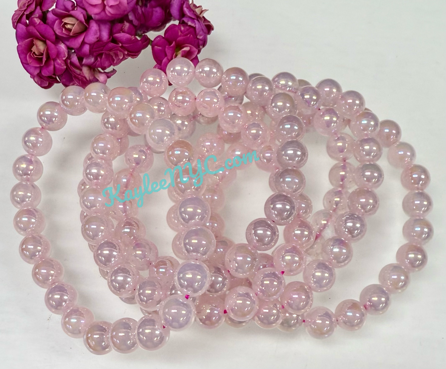 Wholesale 6 Pcs Aura Rose Quartz 8mm 7.5” Crystal Healing Stretch Bracelet