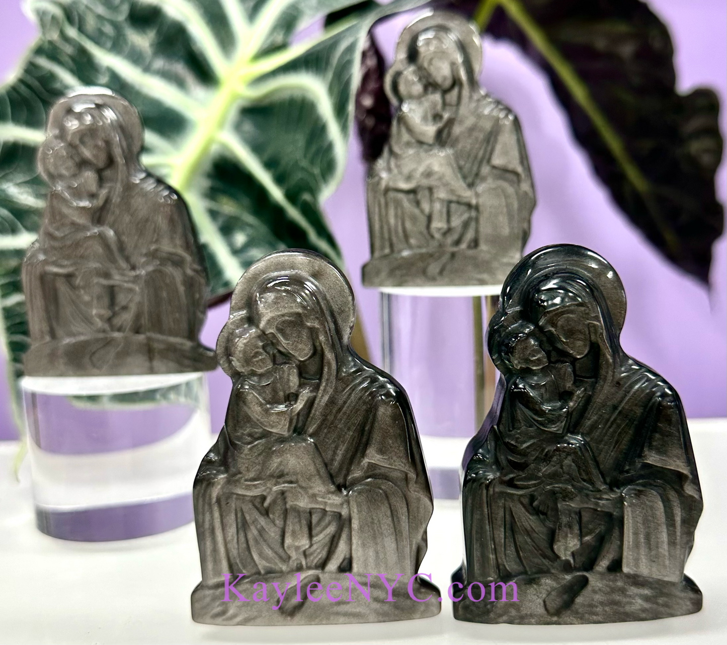 4 PCs 8 cm Natural Silver Sheen Obsidian Virgin Mary w Baby Jesus Crystals Healing Energy