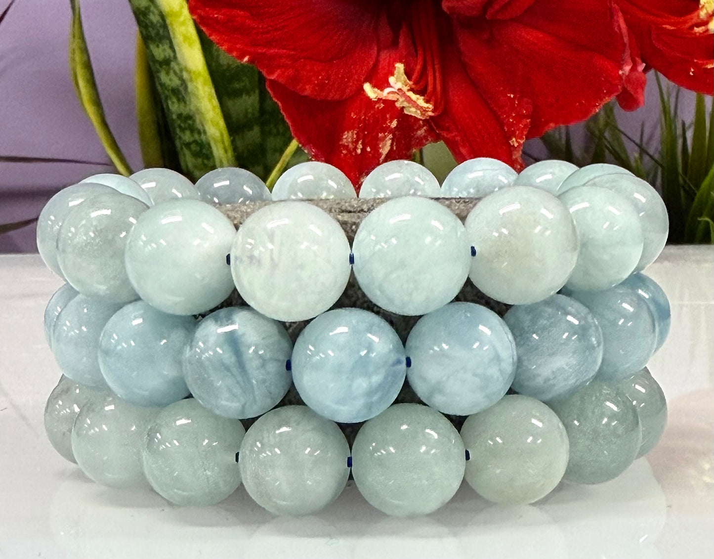 Wholesale 3 Pcs Natural Aquamarine 13-14mm 8”Crystal Healing Stretch Bracelet