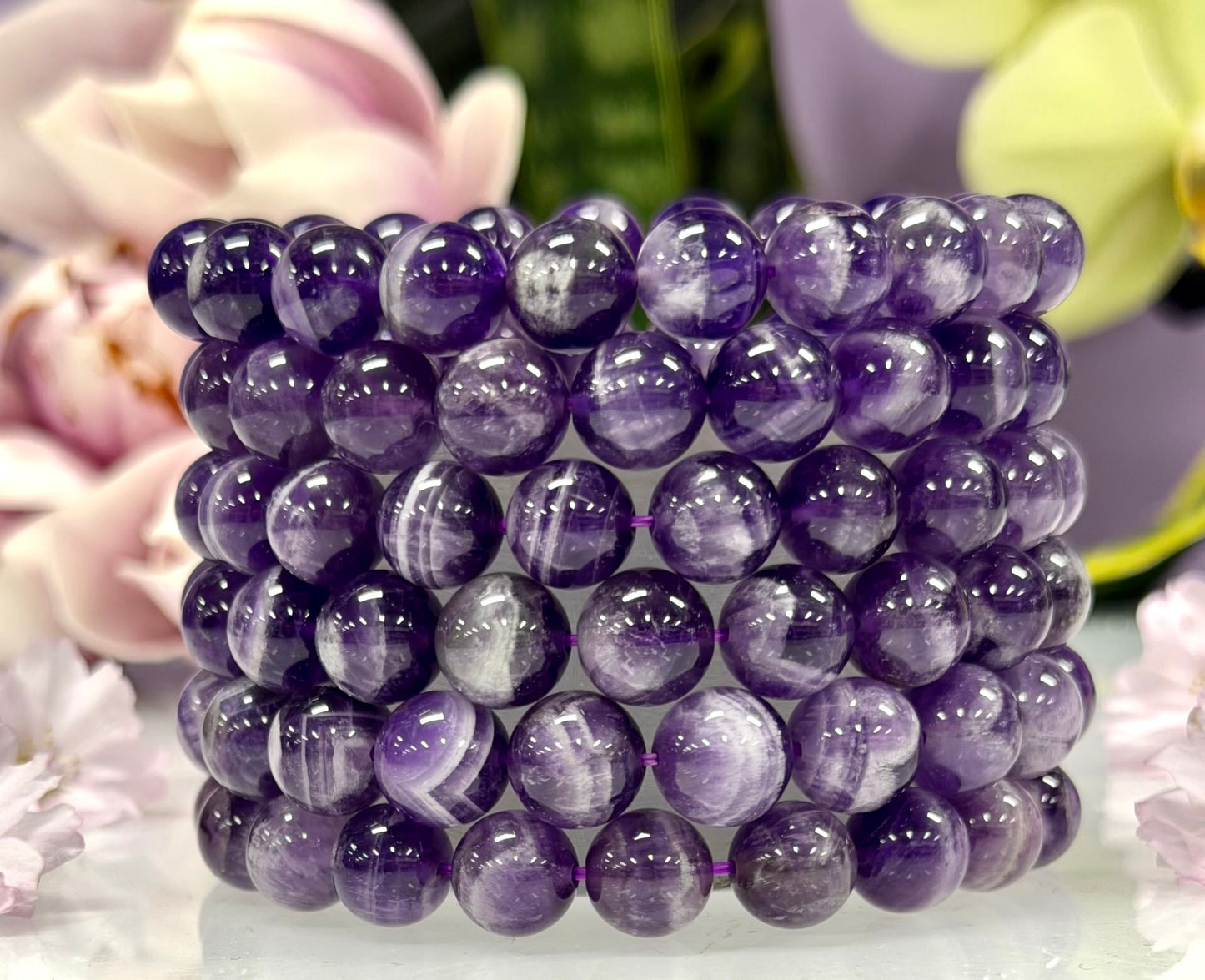 Wholesale 6 Pcs 10mmNatural Chevron Amethyst Crystal Healing Stretch Bracelet 8”