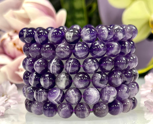 Wholesale 6 Pcs 10mmNatural Chevron Amethyst Crystal Healing Stretch Bracelet 8”