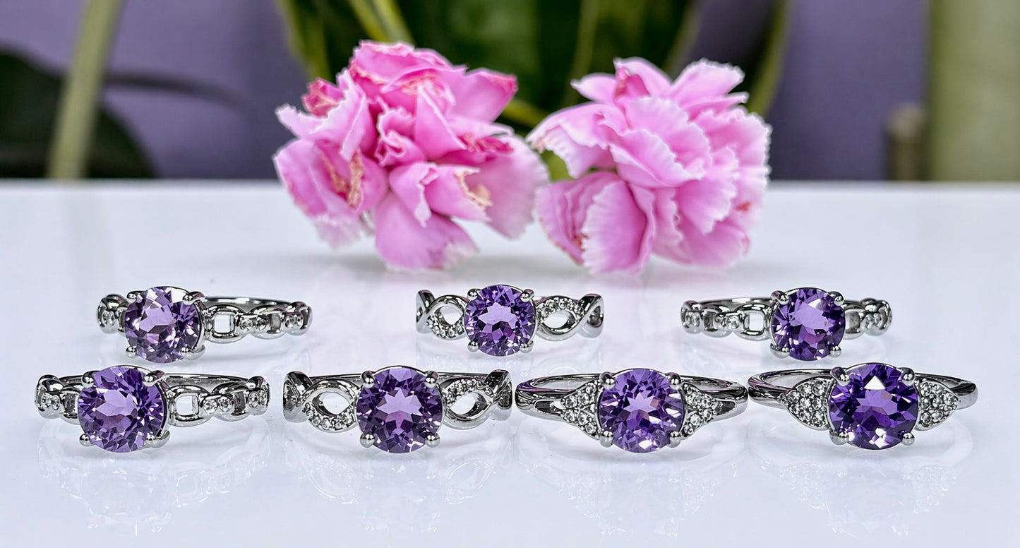 Wholesale Lot 7 pcs Faceted Natural Amethyst Stainless Steel Ring 7mm