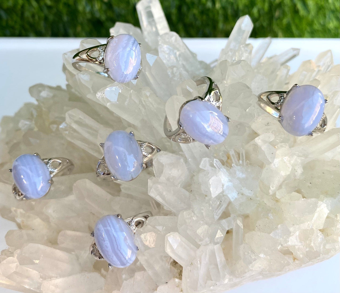 Wholesale Lot 6 Pcs Natural Blue Lace Agate White Bronze rings