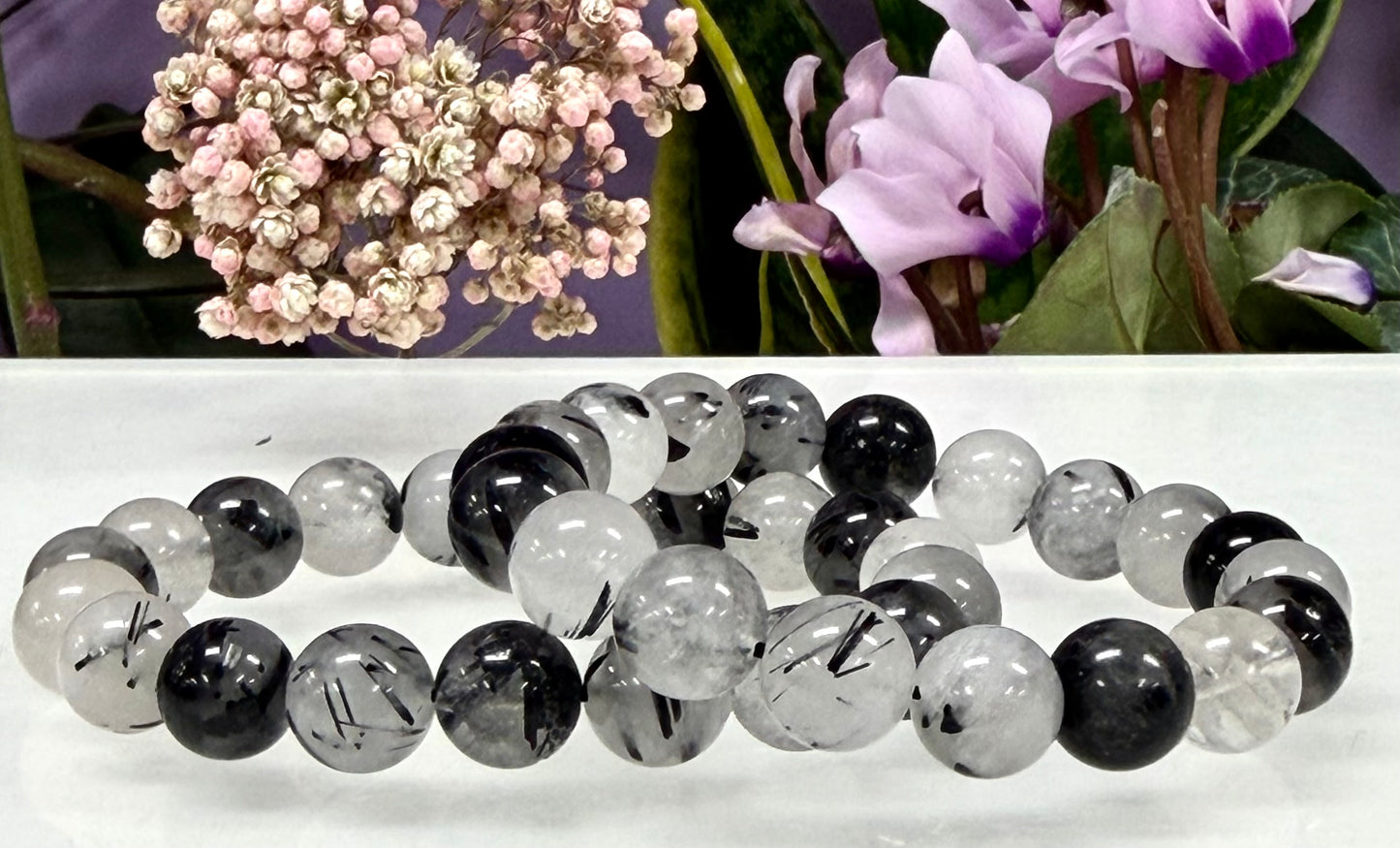Wholesale Lot 6 Pcs Natural Tourmalinated Quartz 10mm 7.5” Crystal Healing Stretch Bracelet