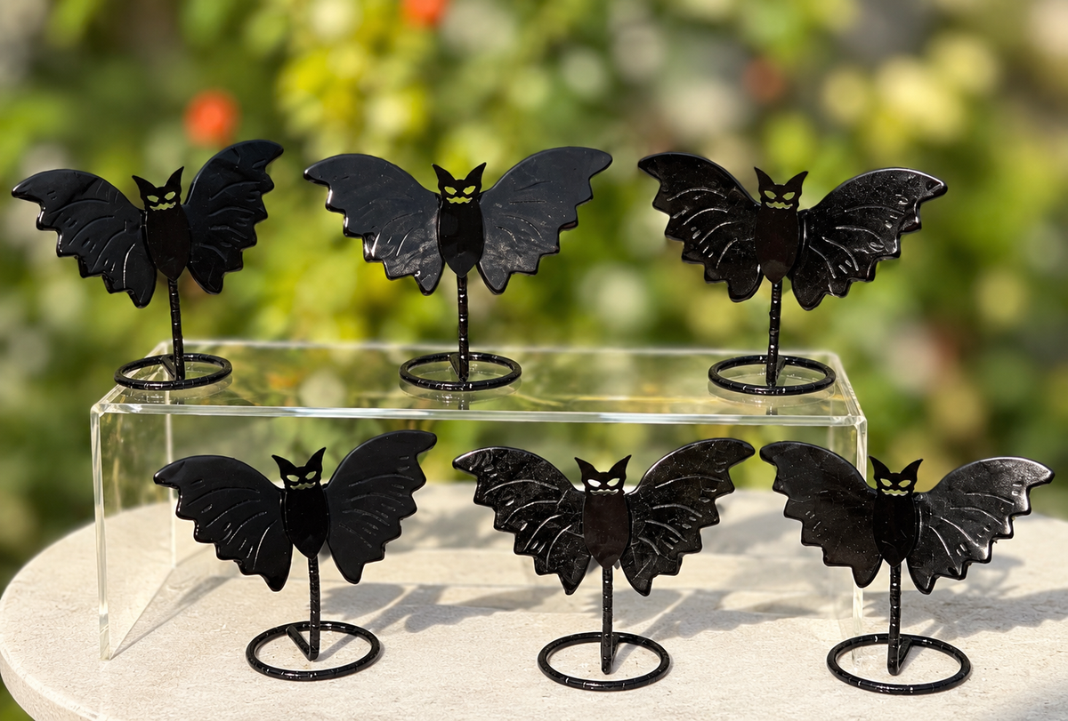 Wholesale Lot 6 PCs Black Obsidian Bats with stand Healing Energy