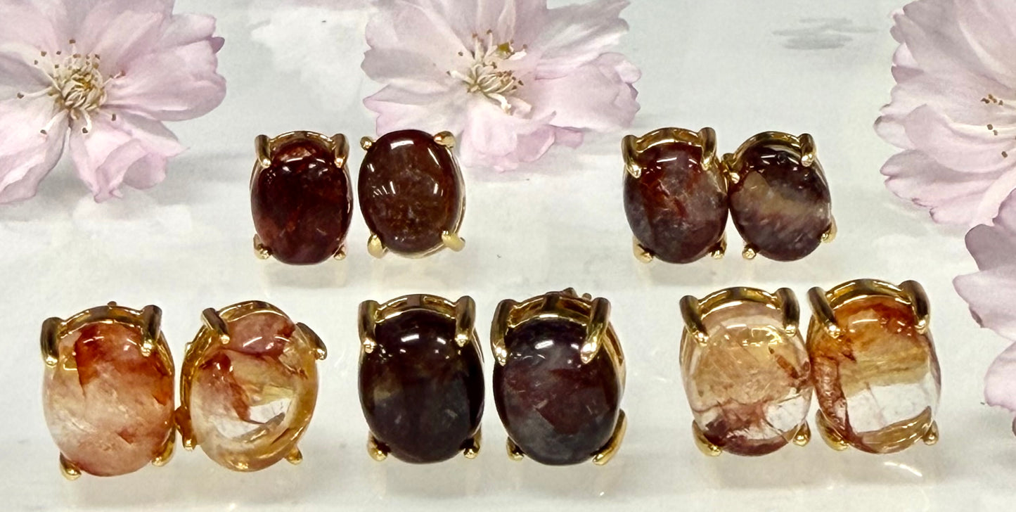 Wholesale Lot 5 Pairs Natural Hematiod Fire Quartz Sterling Silver(925) Earring Studs 8x10mm