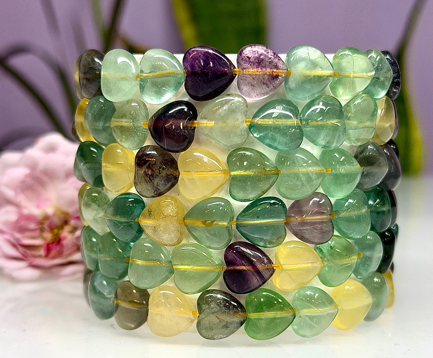 Wholesale 6 Pcs Natural Fluorite Heart 8mm 7.5” Crystal Healing Stretch Bracelet