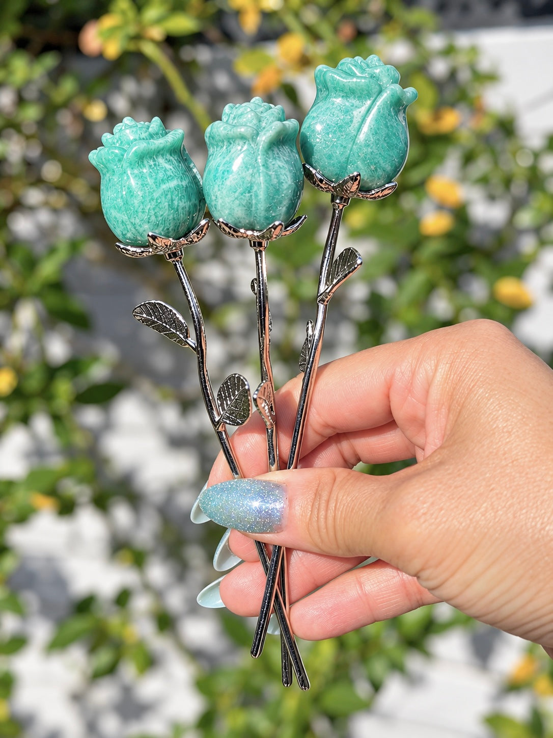 12 PCs Amazonite Rose with Rhodium Metal Stem Natural Crystal Healing Energy