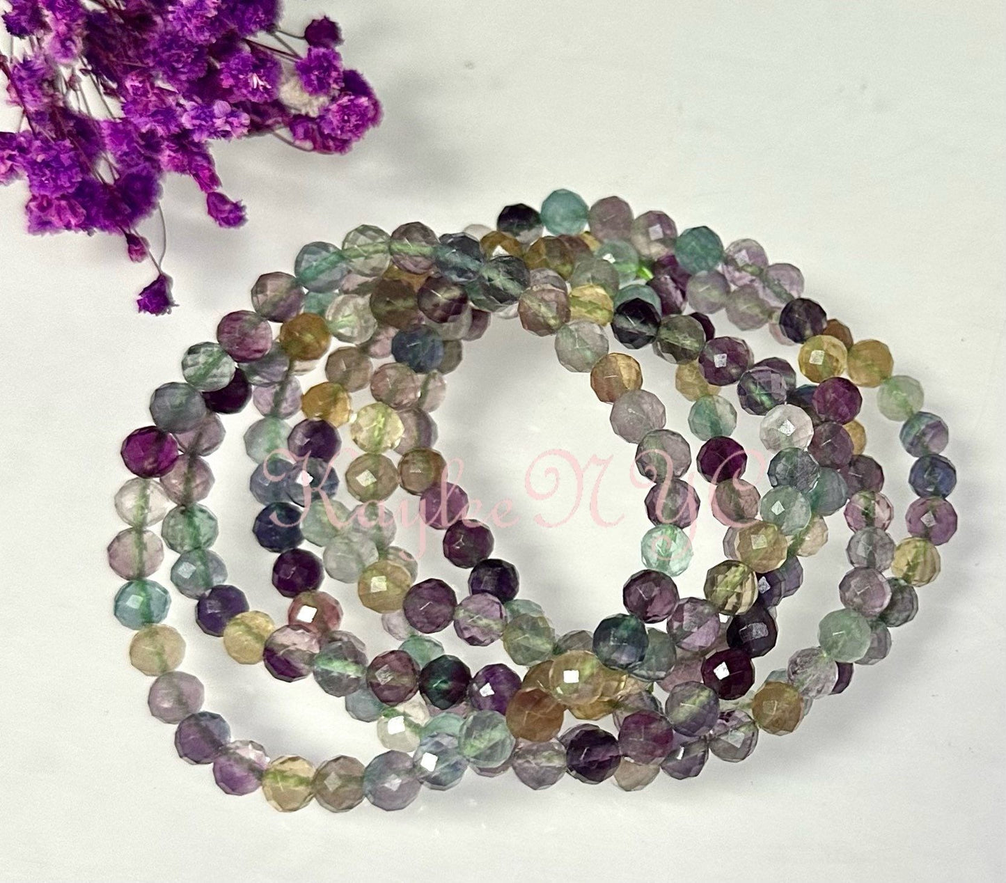 Wholesale Lot 6 Pcs Natural Rainbow Fluorite 6mm Faceted 7.5” Crystal Healing Stretch Bracelet