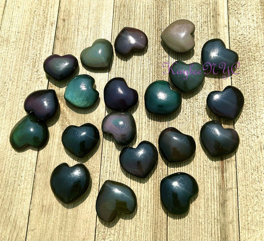 Wholesale Lot 12 Pcs Natural Rainbow Obsidian Heart 1”-1.25” Nice Quality