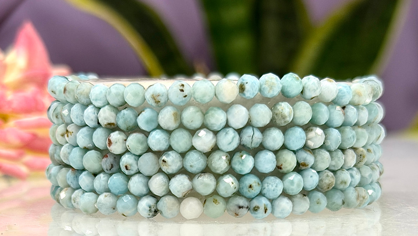 Wholesale Lot 6 Pcs Natural Larimar Faceted Stretch Bracelets – 4mm – 7.5”