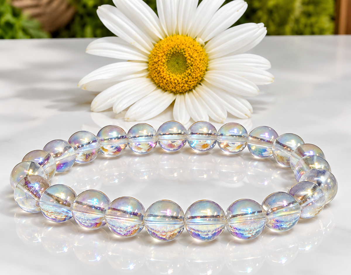 Wholesale 6 Pcs Angel Aura Clear Quartz 8mm 7.5” Crystal Healing Stretch Bracelet