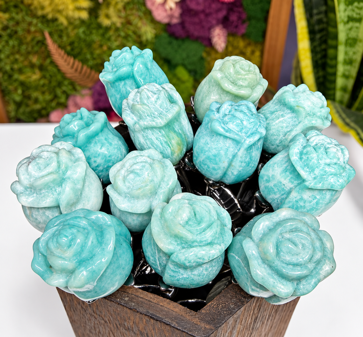 12 PCs Amazonite Rose with Rhodium Metal Stem Natural Crystal Healing Energy