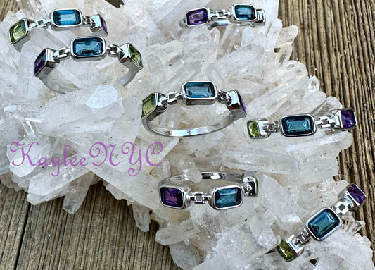 7 PCs Natural Topaz Peridot Amethyst White Bronze Ring