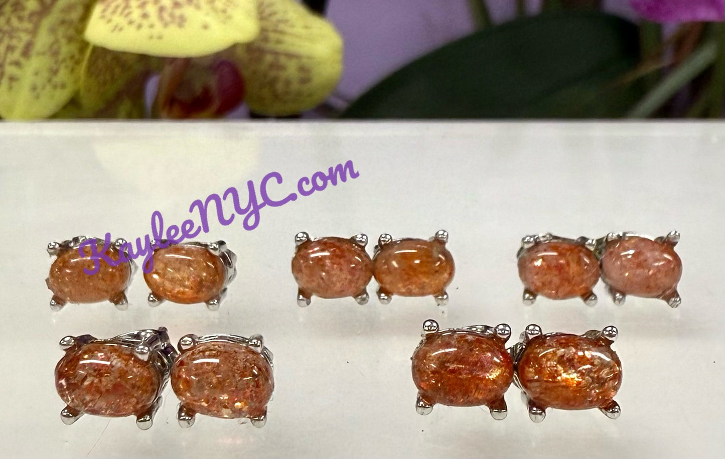 Wholesale Lot 5 Pairs Natural Sunstone Sterling Silver(925) Earring Studs 5x7mm
