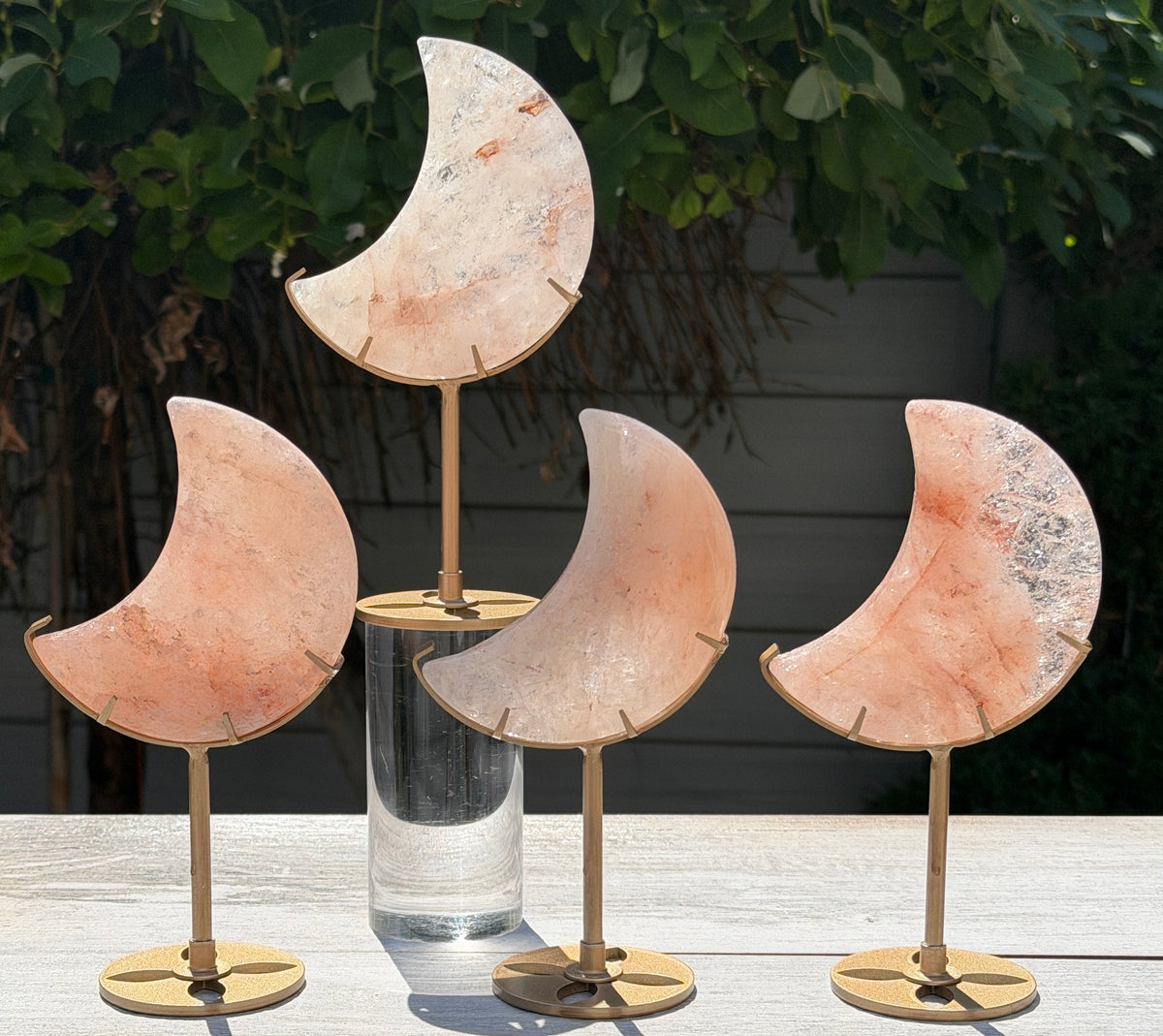 Wholesale Lot 4 PCs Natural Pink Hematoid Fire Quartz Moon with Stand Healing Energy