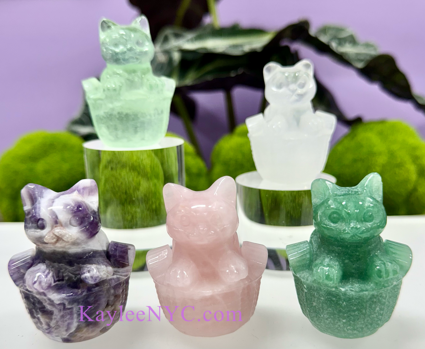 5 PCs 6cm Natural Crystals Cat in Basket Carving Healing Energy