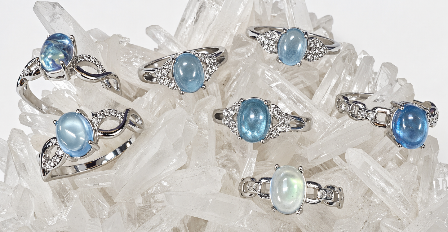 Wholesale Lot 7 pcs Natural Aquamarine Stainless Steel Ring 6x8mm