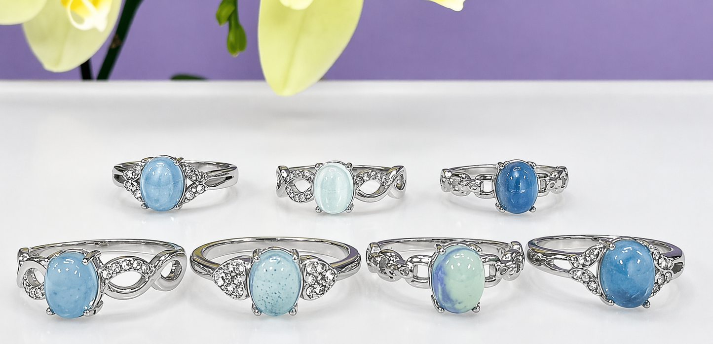 Wholesale Lot 7 pcs Natural Aquamarine Stainless Steel Ring 6x8mm