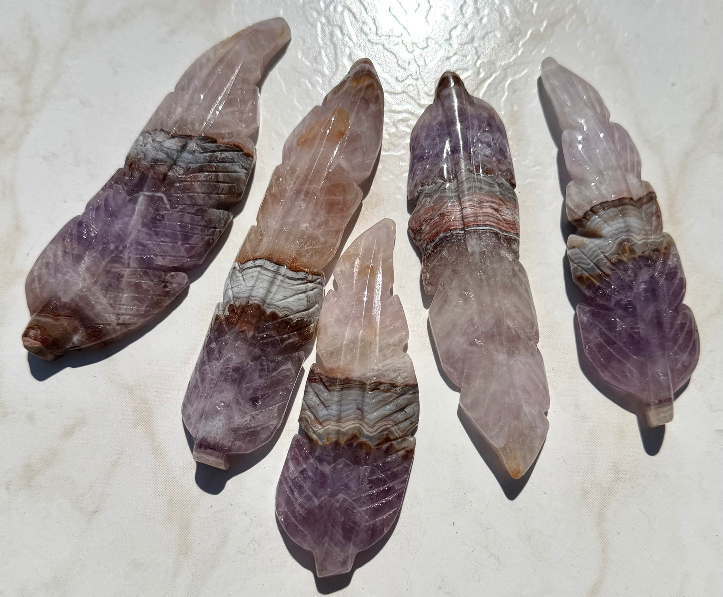 5 PCs Natural Amethyst Lace Agate Feather Carvings Crystal Healing Energy
