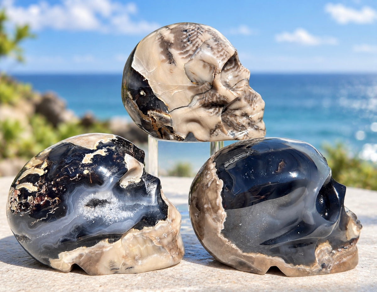 Wholesale lot 3 Pcs Natural Volcano Agate Skull Crystals Healing Energy