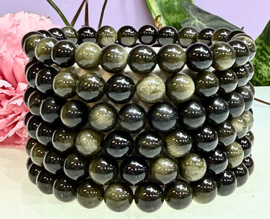 Wholesale Lot 6 Pcs Gold Sheen Obsidian 8mm 7.5” Stretch Bracelet