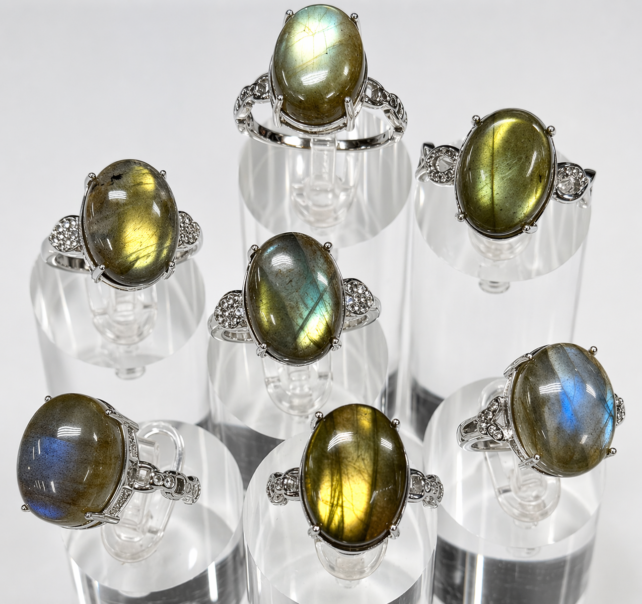 Wholesale Lot 7 pcs Natural Labradorite Stainless Steel Ring 12x16mm