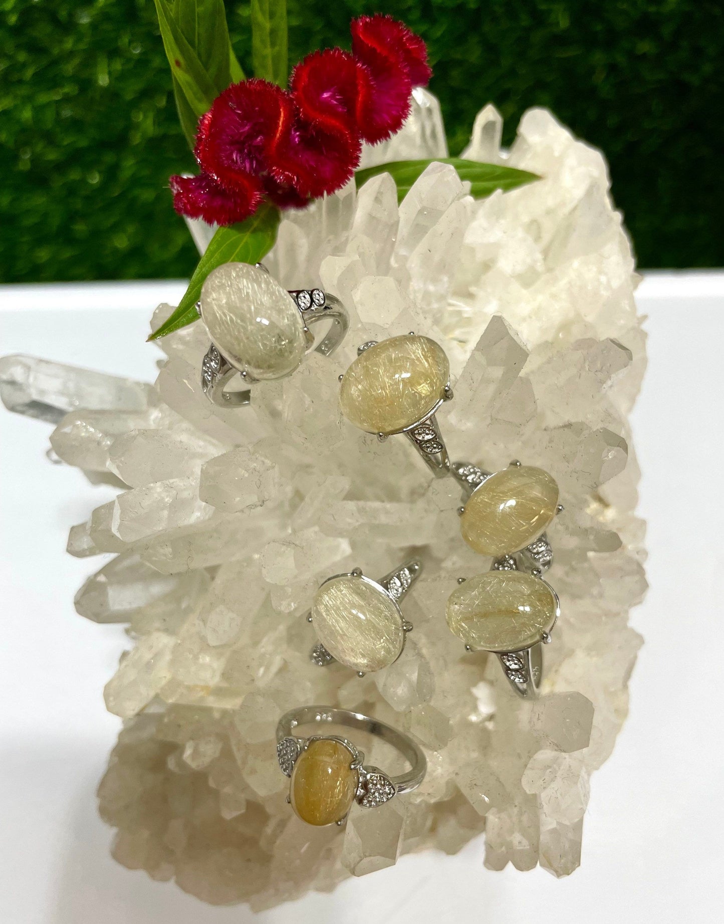 Wholesale Lot 6 pcs Natural Gold Rutilated Quartz Ring White Bronze