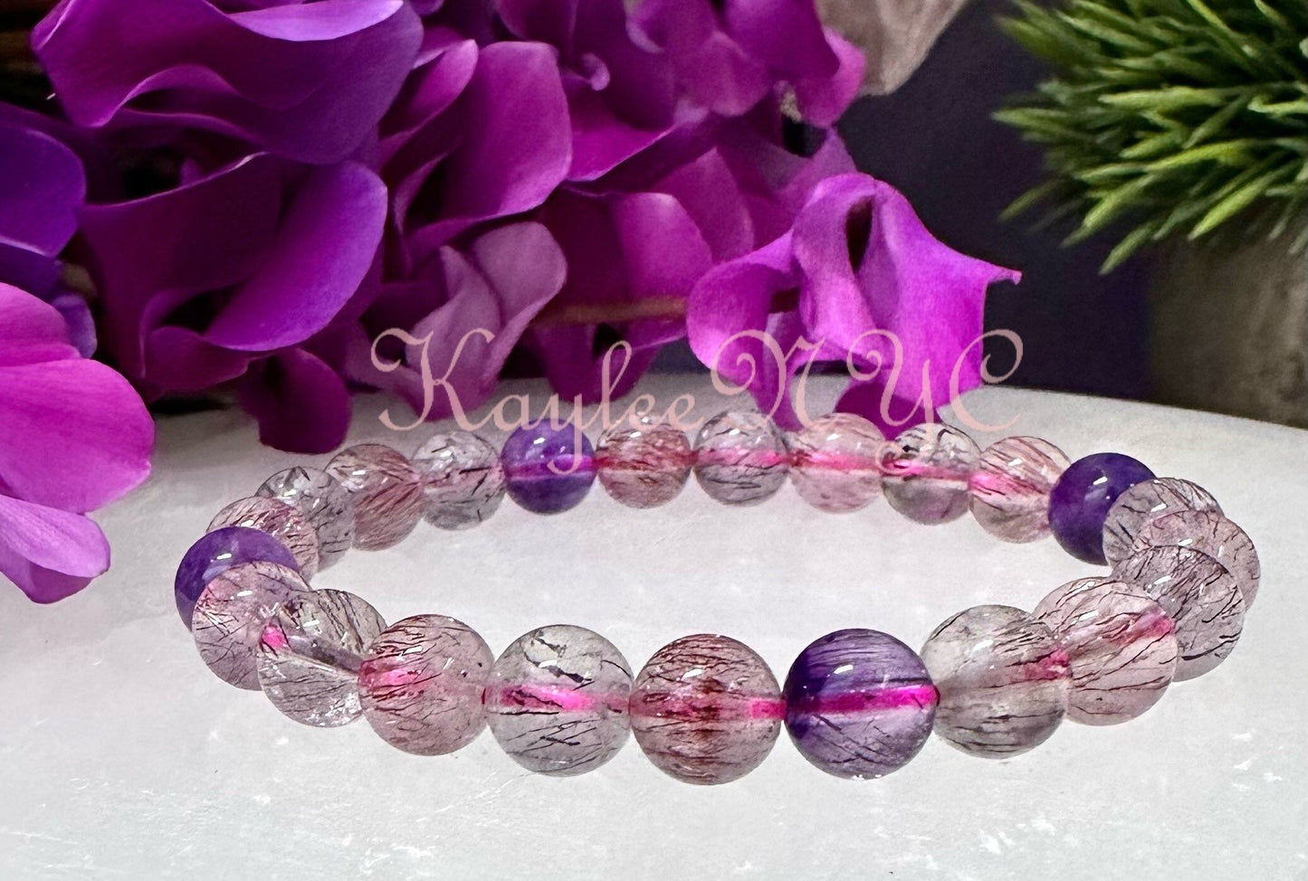 Wholesale 3 Pcs Natural Super 7 Melody Rutilated 8mm 7.5” Crystal Healing Stretch Bracelet