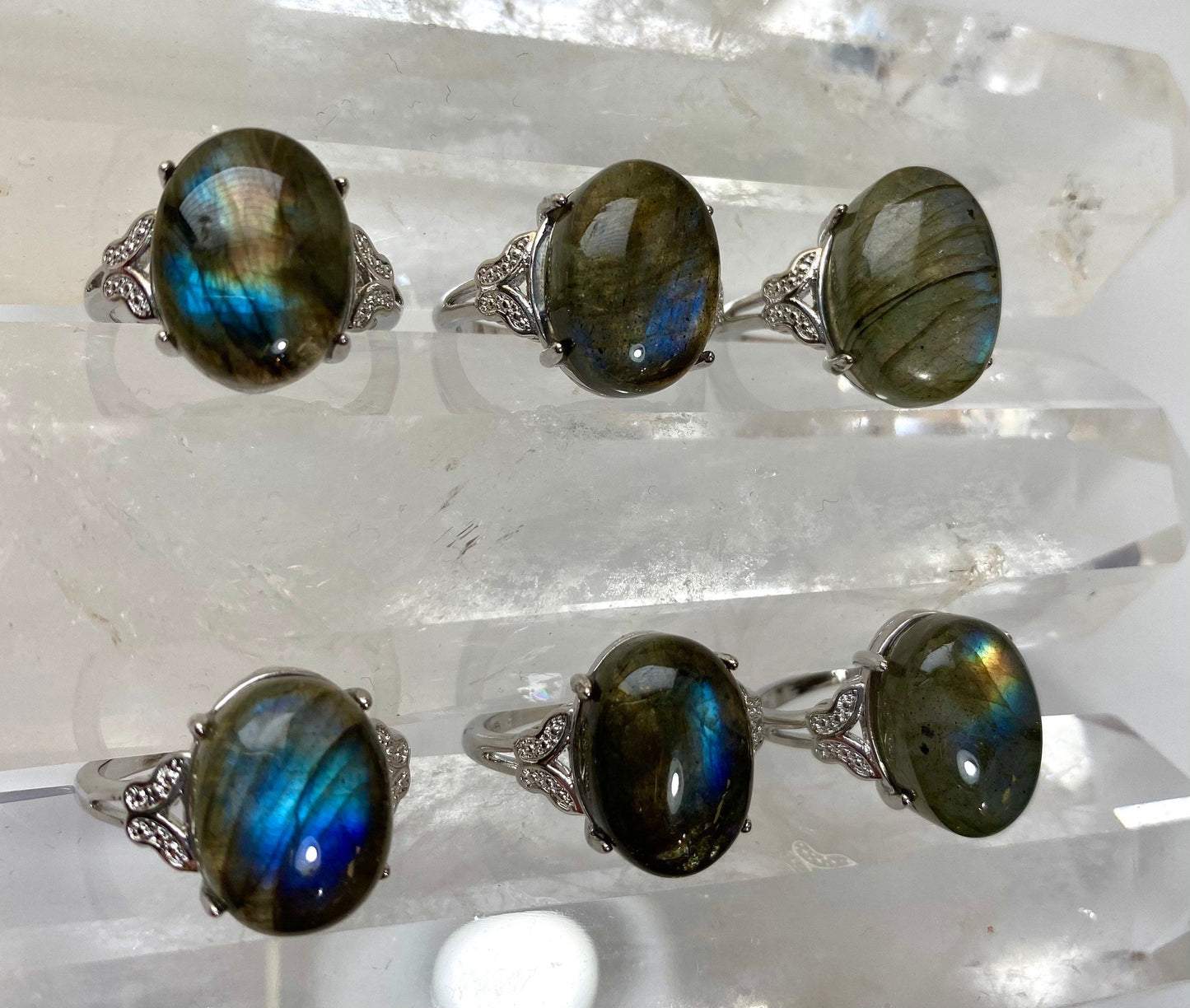 Wholesale Lot 6 pcs Natural Labradorite Ring White Bronze