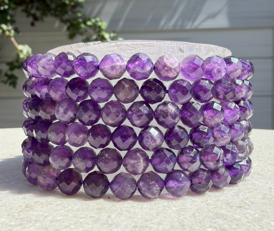 Wholesale 6pcs 6mm Faceted Amethyst Natural Crystal Healing Stretch Bracelet 7.5"