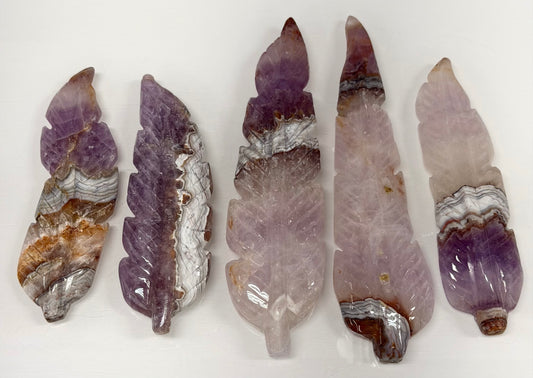 5 PCs Natural Amethyst Lace Agate Feather Carvings Crystal Healing Energy