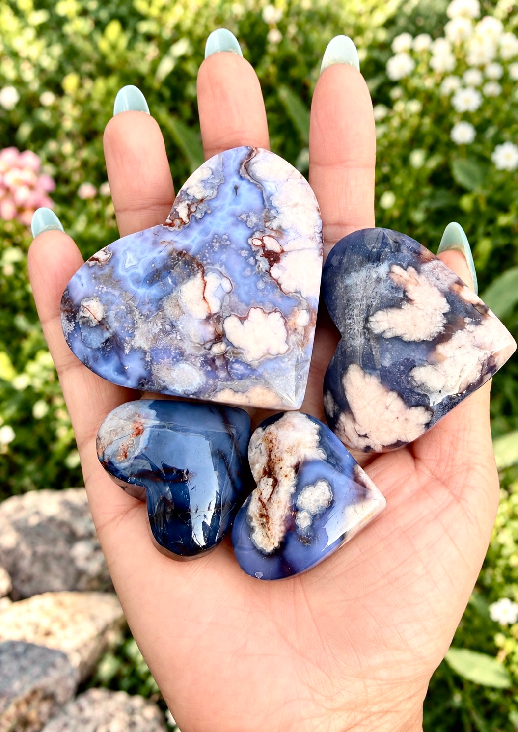 Wholesale Lot 2 lbs Blue Flower Agate Heart Crystals Healing Energy