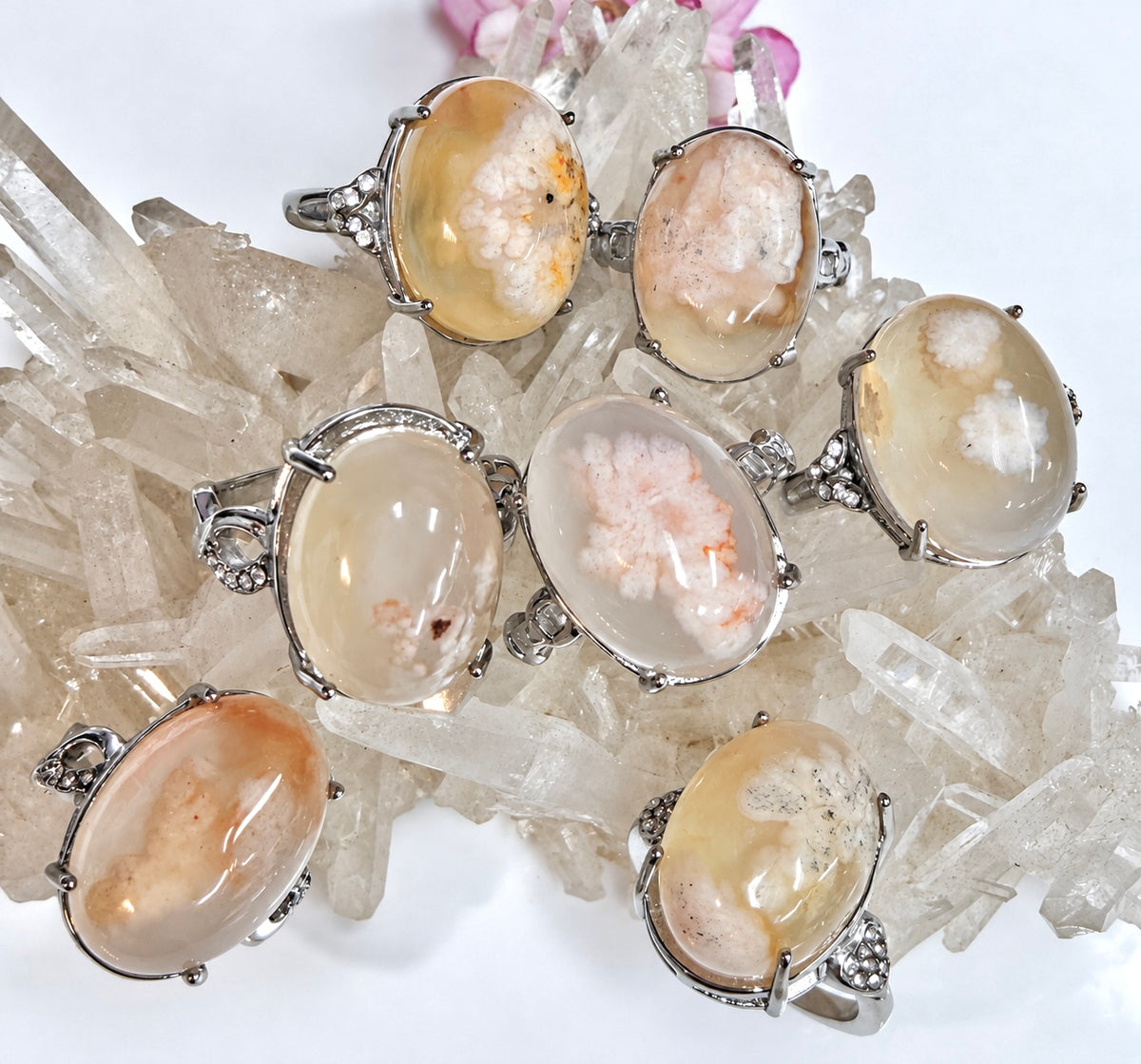 Wholesale Lot 7 pcs Natural Flower Agate Stainless Steel Ring 13x18mm