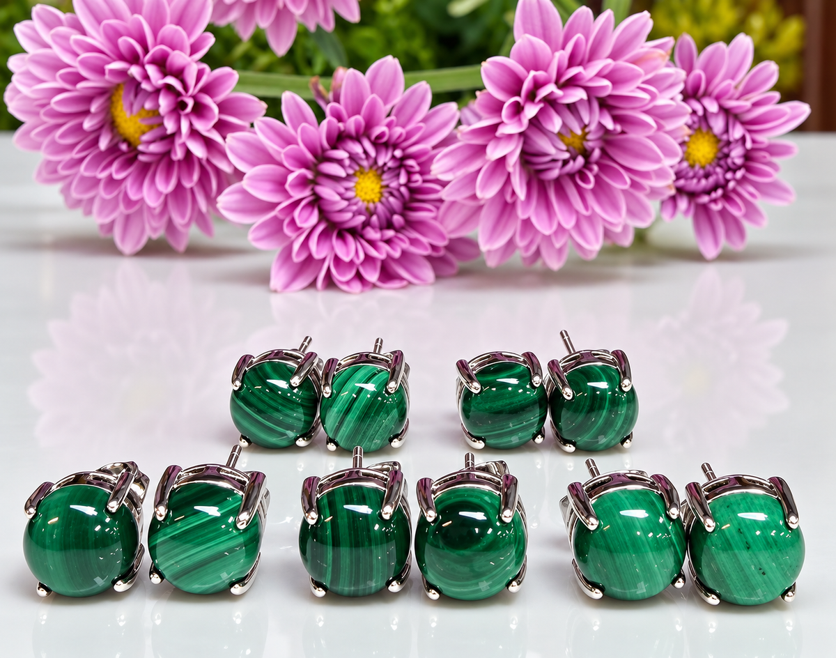 Wholesale Lot 5 Pairs Natural Malachite Earring Studs 7mm Crystals Healing Energy