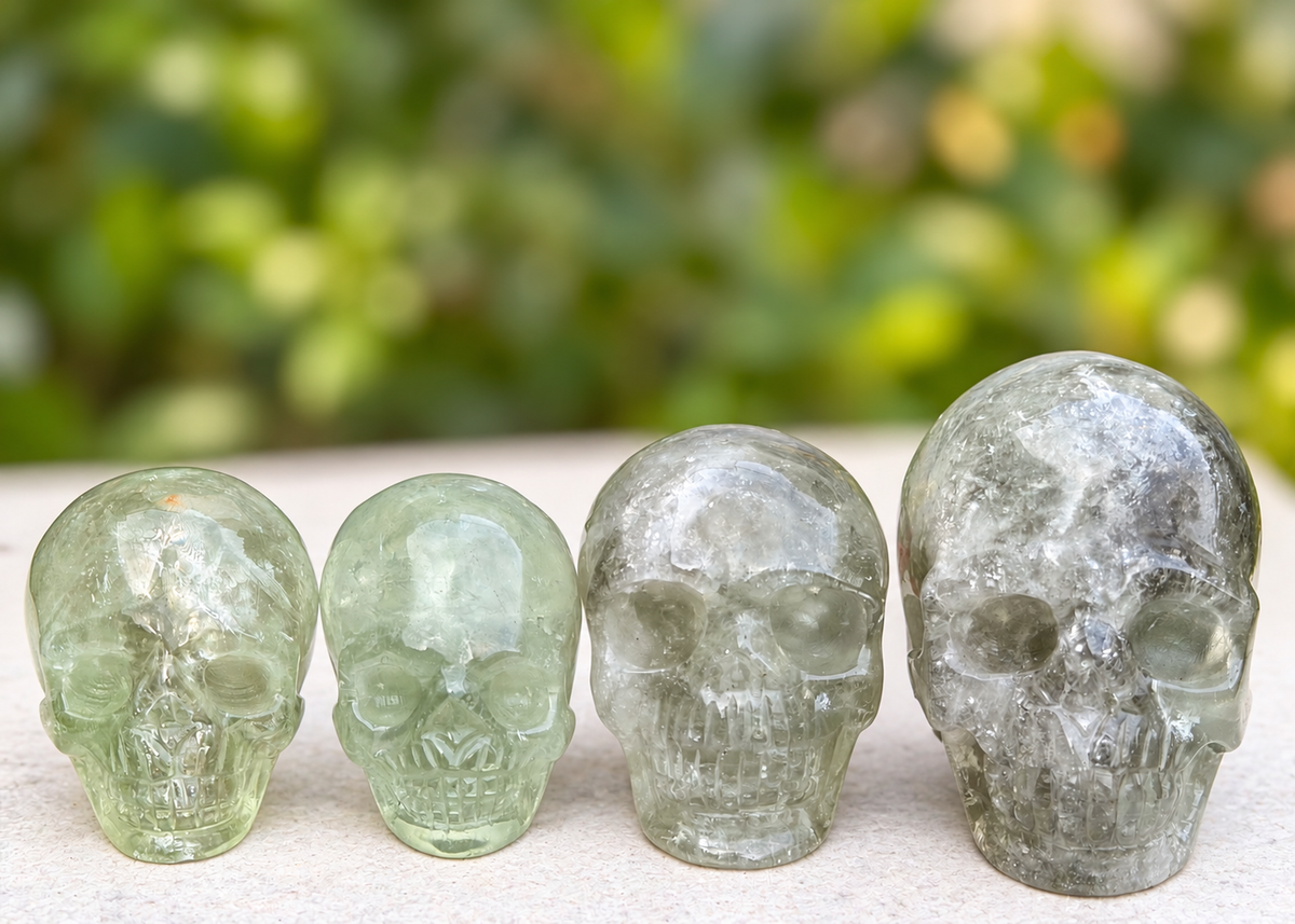 4 pcs Prasiolite Green Amethyst Skull Crystals Healing Energy