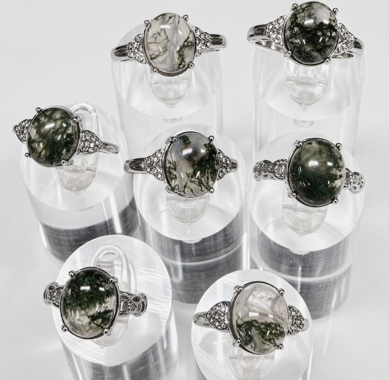 Wholesale Lot 7 pcs Natural Moss Agate Stainless Steel Ring 10x12mm