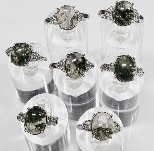 Wholesale Lot 7 pcs Natural Moss Agate Stainless Steel Ring 10x12mm