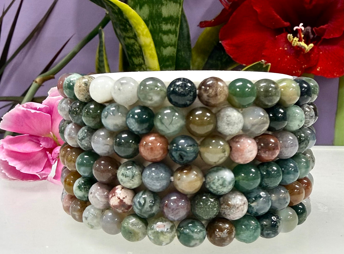 Wholesale 6 Pcs Natural Indian Moss Agate 6mm 7.5” Crystal Healing Stretch Bracelet
