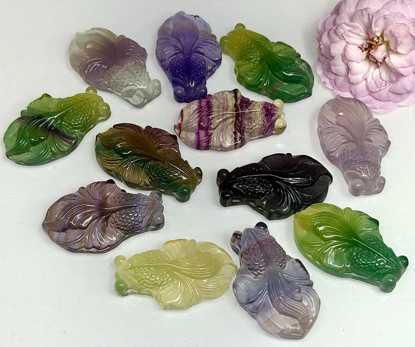 12 PCs 4cm Natural Fluorite Goldfish Carving Crystals Healing Energy