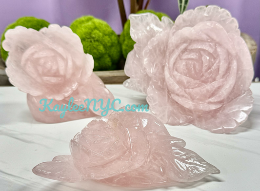 3 PCs Natural Rose Quartz Rose Carving Crystals Healing Energy