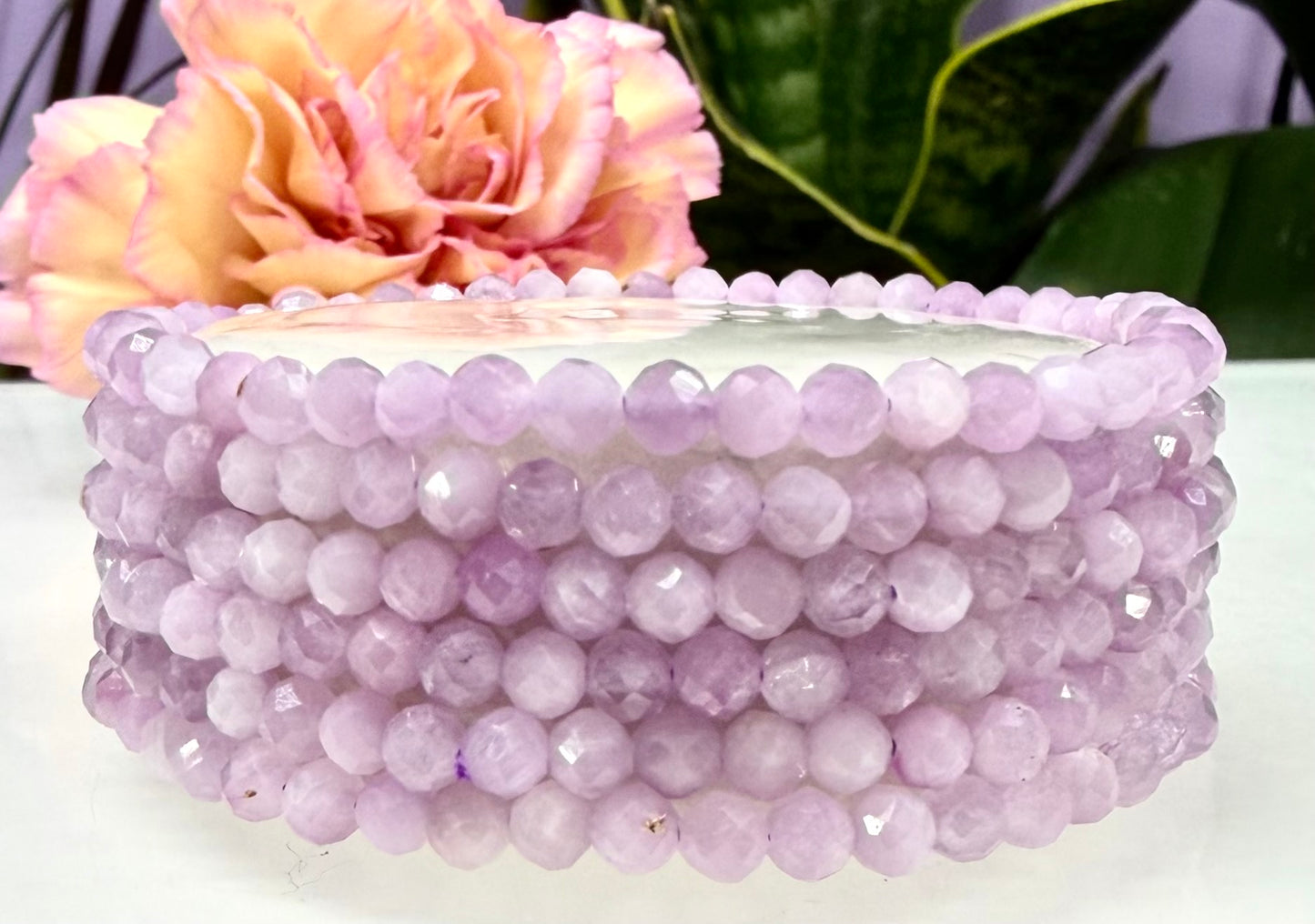 6 PCs 4mm Natural Kunzite Faceted Stretch Bracelet 7.5”
