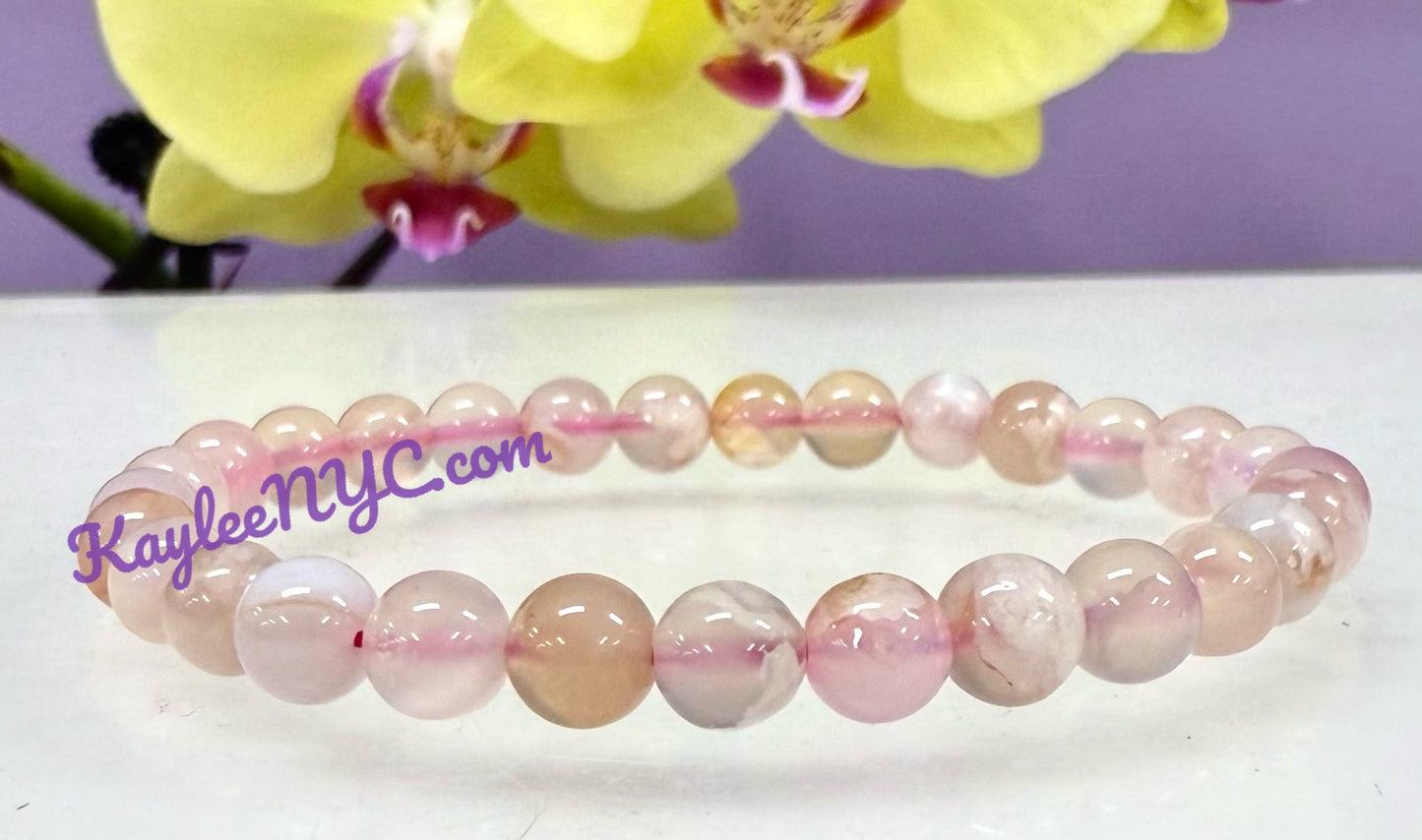 Wholesale 6 Pcs Natural Cherry Blossom Flower Agate 6mm 7.5” Crystal Healing Stretch Bracelet