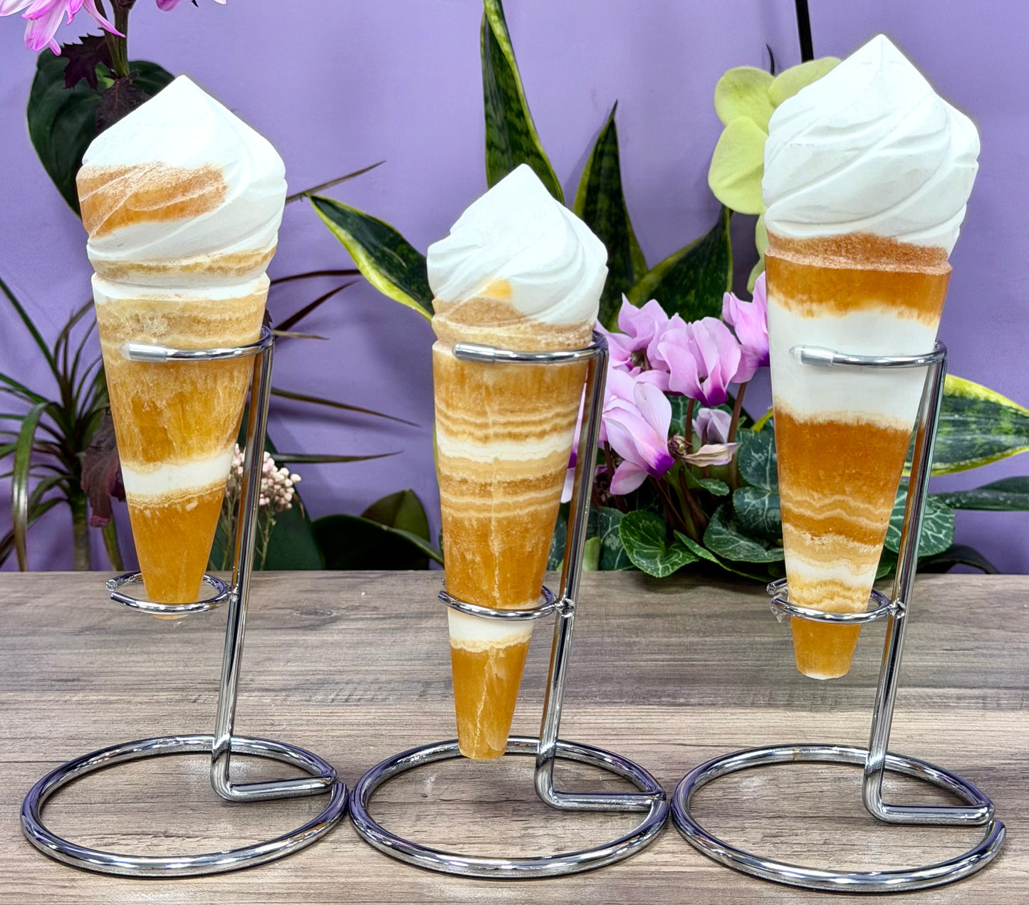 Wholesale Lot 3-4 PCs Orange Calcite Ice Cream Cone with Rhodium Metal stand