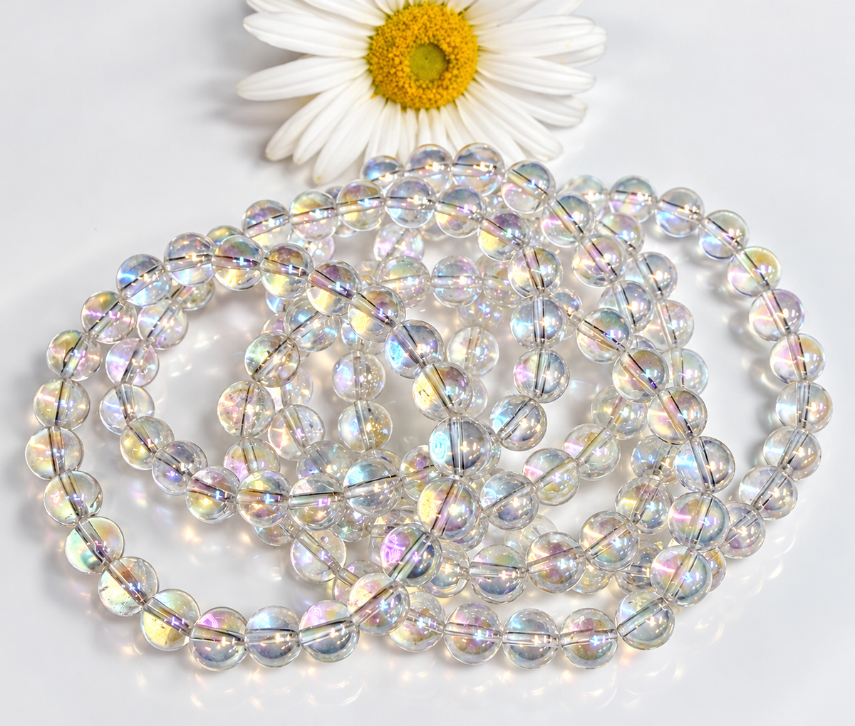 Wholesale 6 Pcs Angel Aura Clear Quartz 8mm 7.5” Crystal Healing Stretch Bracelet