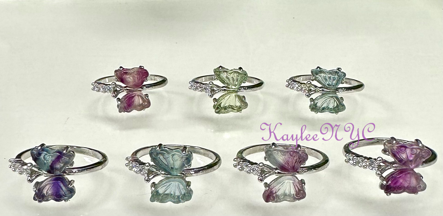 7 PCs Natural Fluorite White Bronze Ring