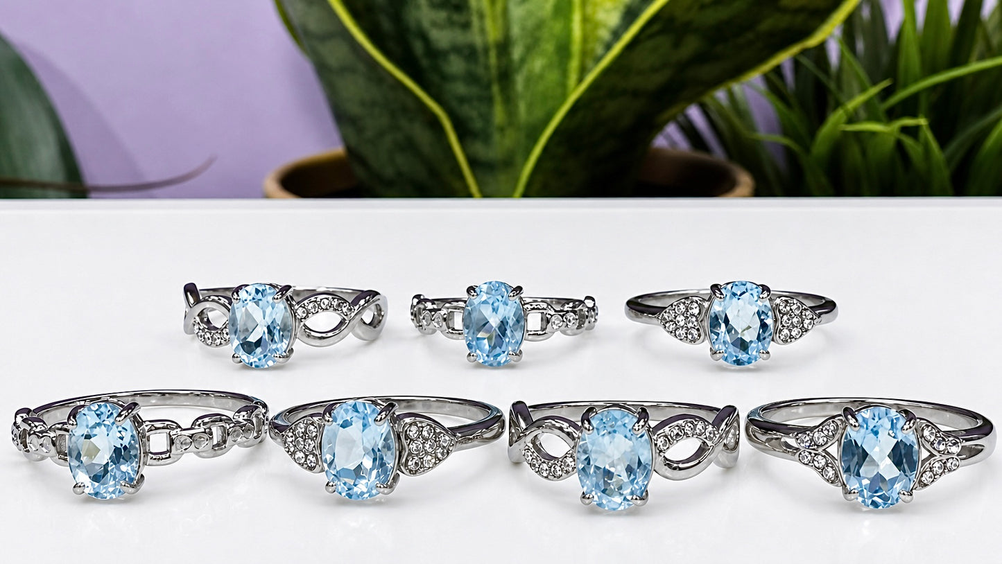 Wholesale Lot 7 pcs Faceted Natural Blue Topaz Stainless Steel Ring 7x9mm